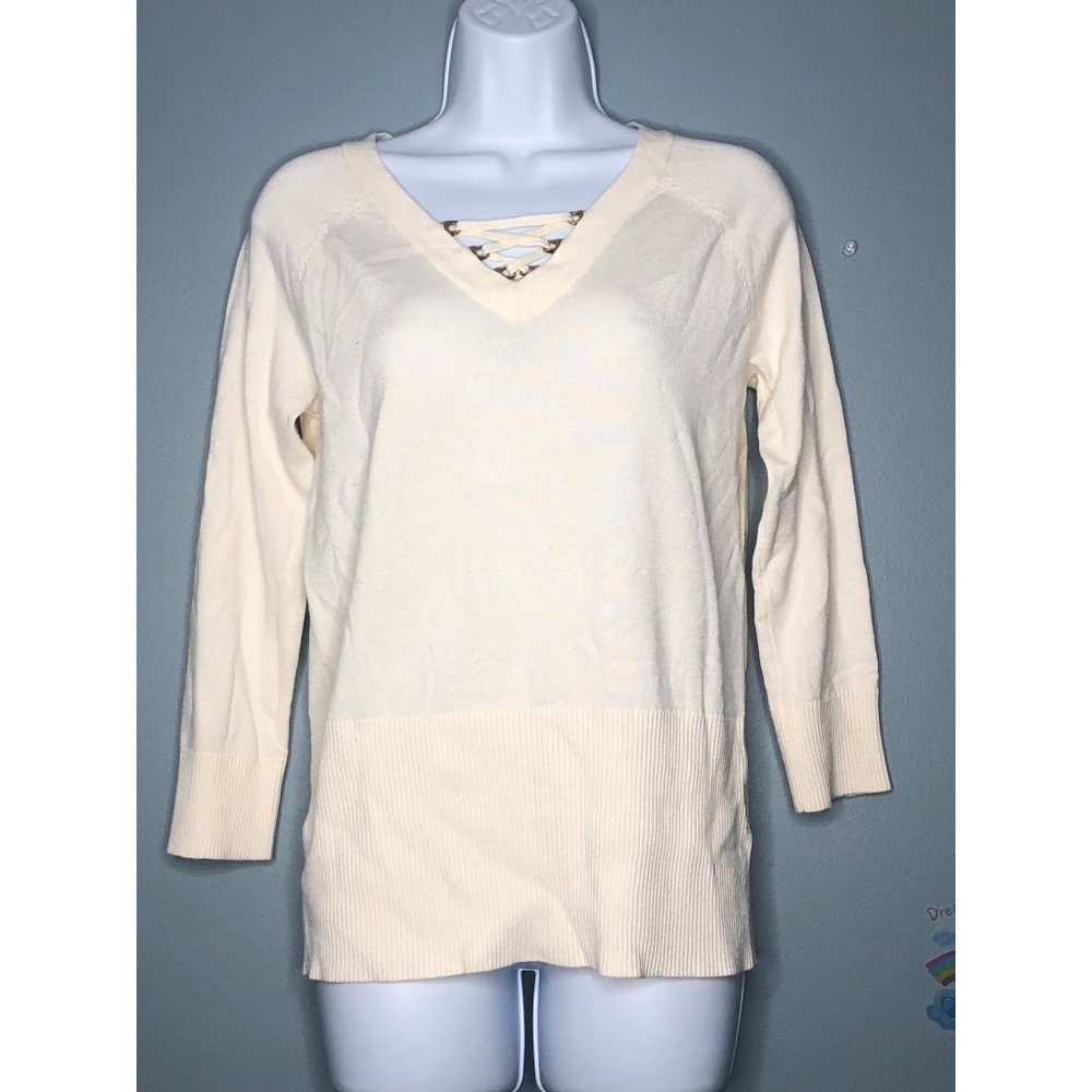 NWOT Cable & Gauge Sweater Top Woman's S Rayon Ivory Lace V-neck